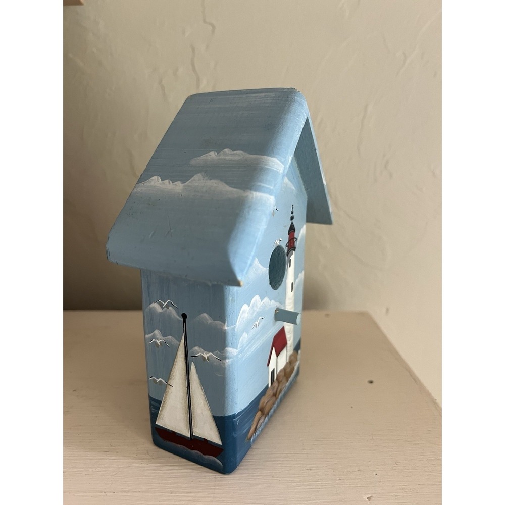Lighthouse Painted Birdhouse Wood Figure Coastal Nautical Shelf Sitter Decor 5" - Picture 2 of 13